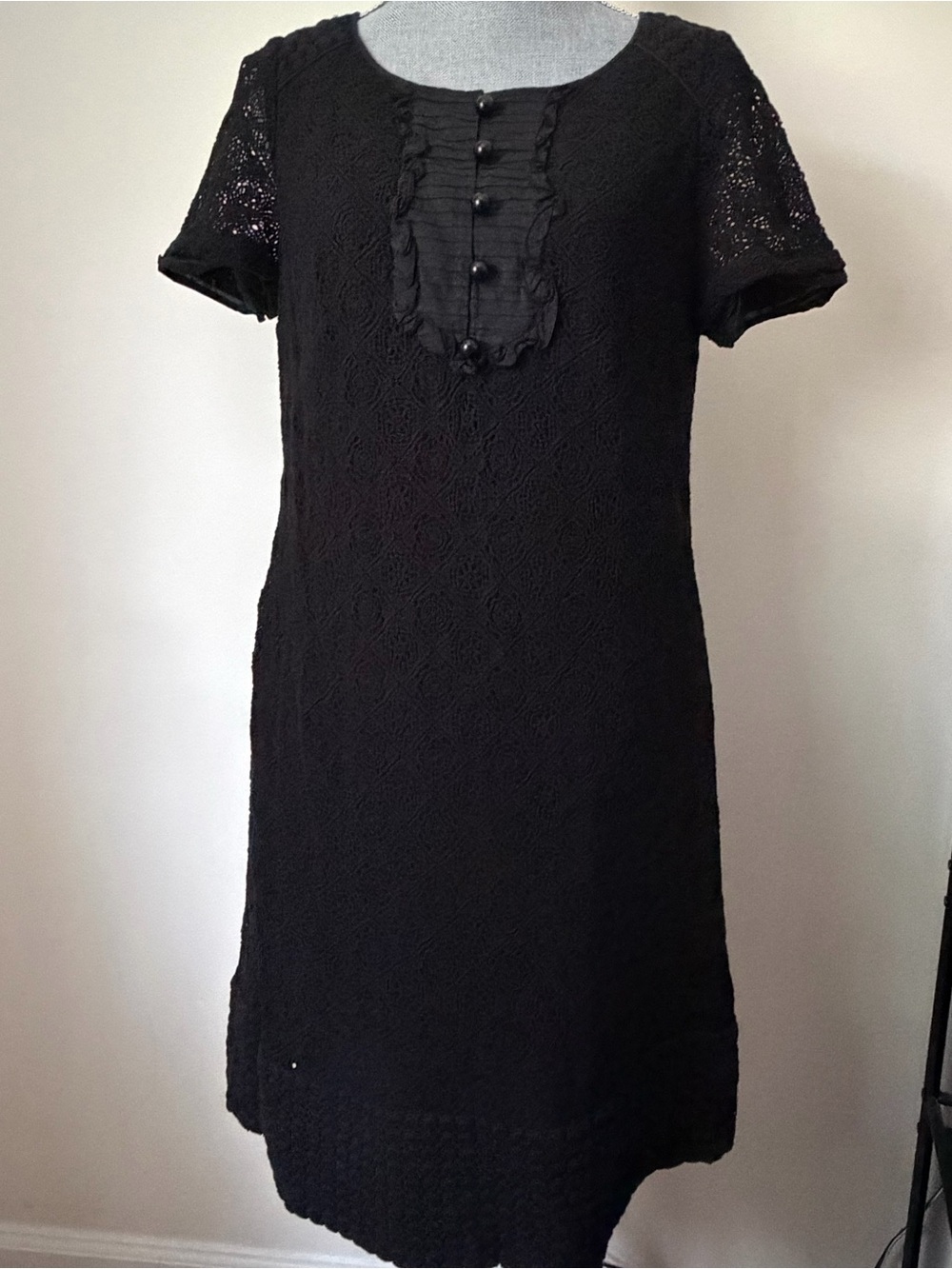 Y2K Black Crochet Cotton Lace Short-Sleeve Shift Dress